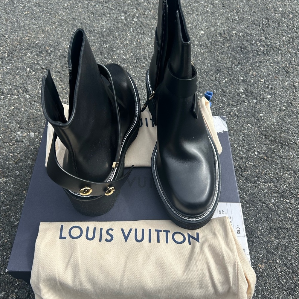 Louis Vuitton Black Leather Boots with Gold Accents